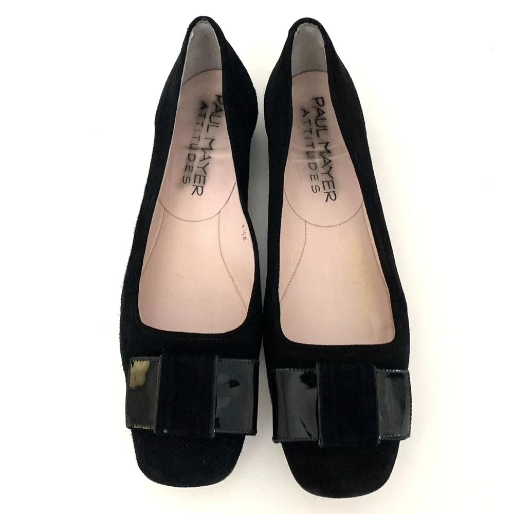Paul Mayer Attitudes Ballet Flat Black Suede Patent Leather Bow Square T…